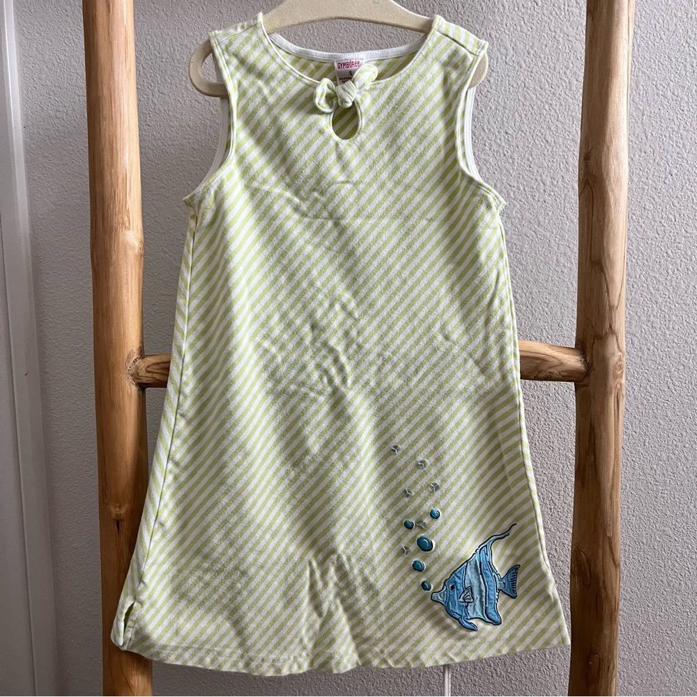 Vintage Gymboree Light Green Striped Dress with Fish Accent